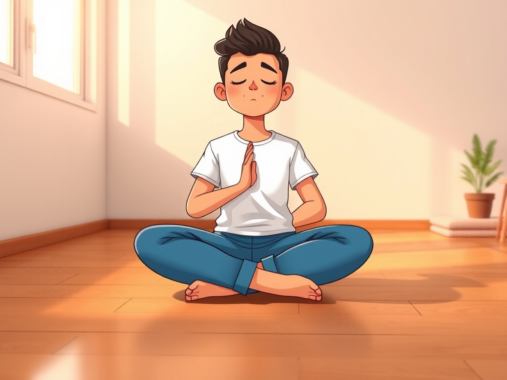 catroon adult character sitting crossed legged on the floor meditating with clothes on jeans and t-shirt with thumb and middle fingets touching