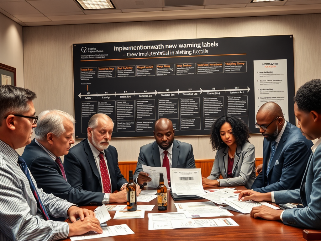 Create a realistic image of a government office with a large timeline chart displayed on the wall, showing implementation stages for new alcohol warning labels. A diverse group of officials, including white and black males and females, are gathered around a table reviewing documents and sample bottle labels. The scene is well-lit, with a serious and focused atmosphere.
