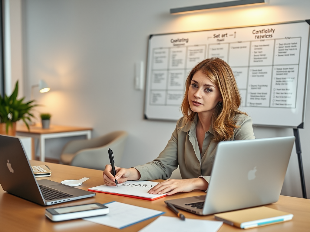 Create a realistic image of a white female professional in her 30s sitting at a desk, writing on a notepad with "SMART" written at the top, surrounded by productivity tools like a laptop, calendar, and to-do list, with a large whiteboard in the background displaying a goal-setting framework, in a modern office setting with warm lighting to convey focus and determination.