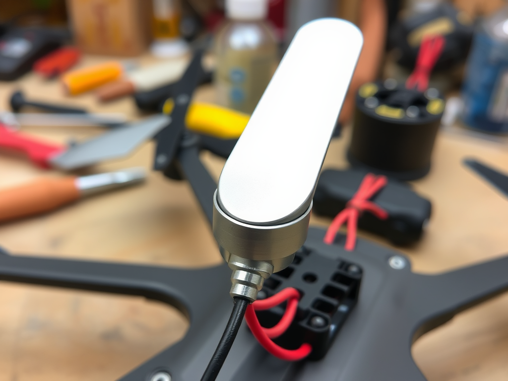 Create a realistic image of a close-up view of a sleek, metallic VTX antenna for a DIY drone, mounted on a lightweight carbon fiber frame, with soldered wires visible, against a blurred workshop background with tools and drone parts scattered on a workbench.