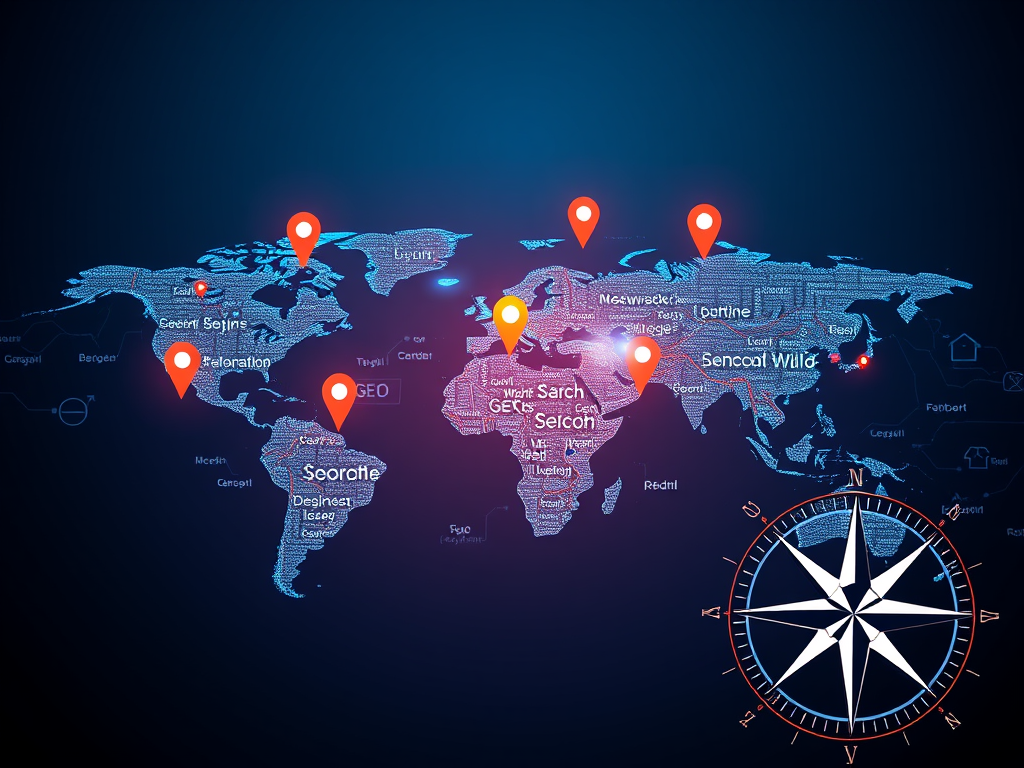 Create a realistic image of a digital world map with glowing location pins, floating search bars, and SEO keywords transforming into GPS coordinates, set against a dark blue background representing the internet, with a compass rose in the corner pointing towards "GEO" instead of North.