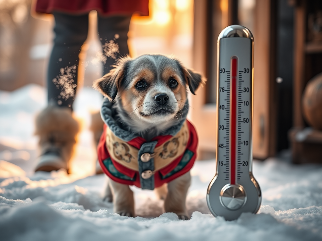 Create a realistic image of a small, shivering dog with visible breath in cold air, wearing a colorful winter coat, standing on snow-covered ground with its owner's legs visible in the background, warm golden light from a nearby window illuminating the scene, and a thermometer showing a low temperature prominently displayed in the foreground.