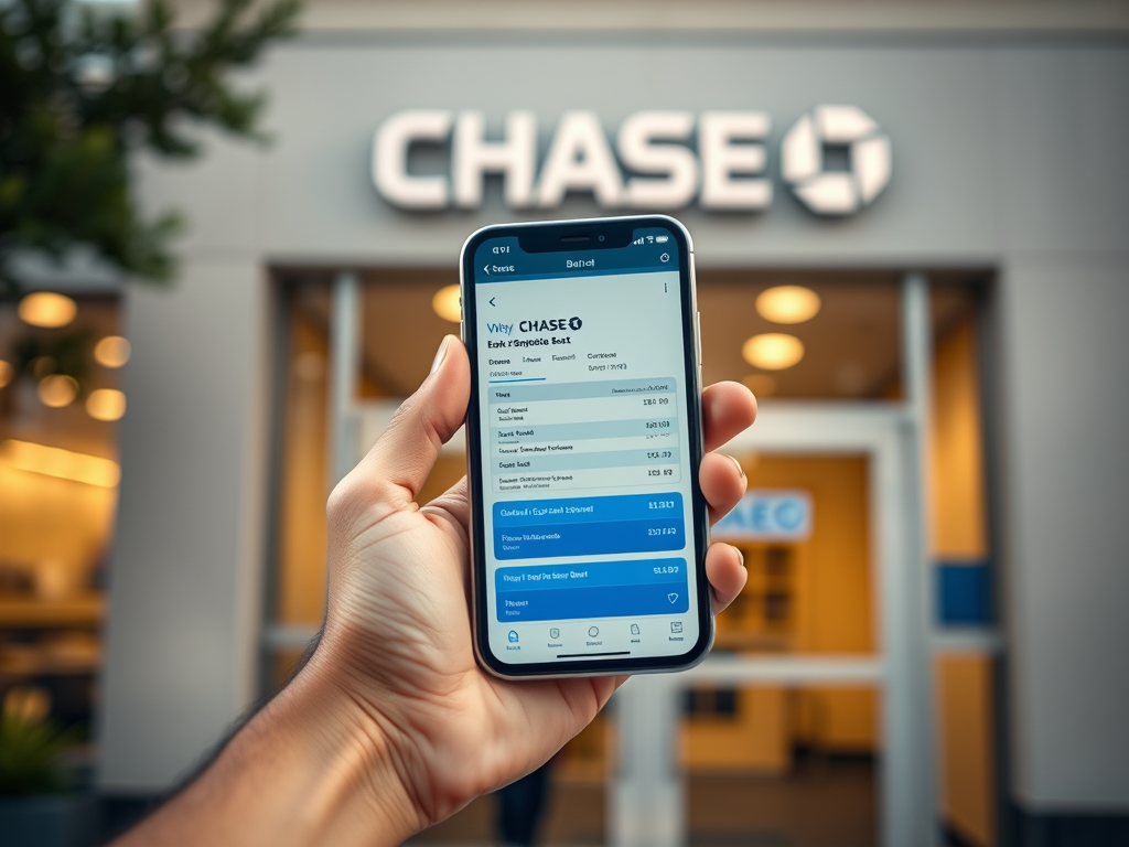 Create a realistic image of a hand holding a smartphone displaying a Chase bank statement on its screen, with a Chase bank branch building blurred in the background. The lighting should be soft and natural, creating a calm and reassuring atmosphere.