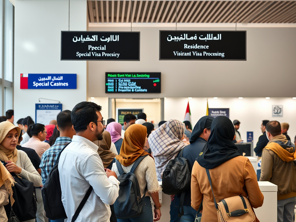 Create a realistic image of a multicultural group of people waiting in a government office, with signs in Arabic and English indicating "Special Cases" and "Residence Visa Processing," a digital queue number display, and officials at counters examining documents, all set in a modern, well-lit interior with UAE flags visible.