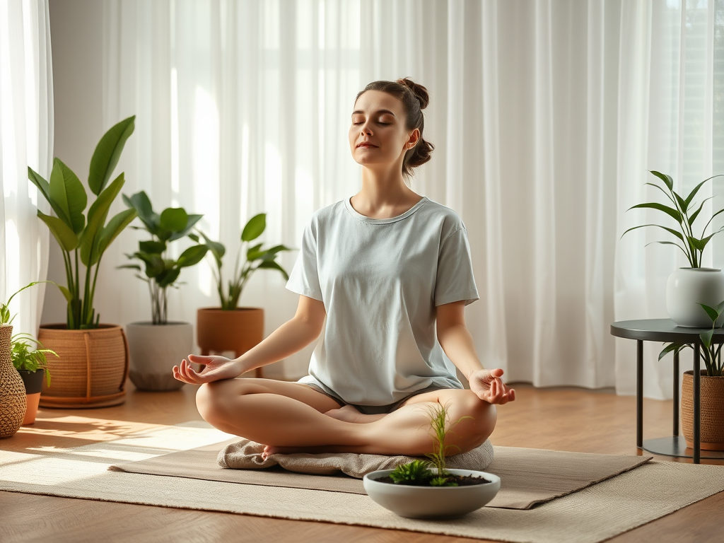 Create a realistic image of a serene meditation space with a white female in her 30s sitting cross-legged on a cushion, eyes closed, hands resting on knees, practicing mindfulness, soft natural light filtering through sheer curtains, potted plants in corners, and a small zen garden on a nearby table, conveying a calm and focused atmosphere.
