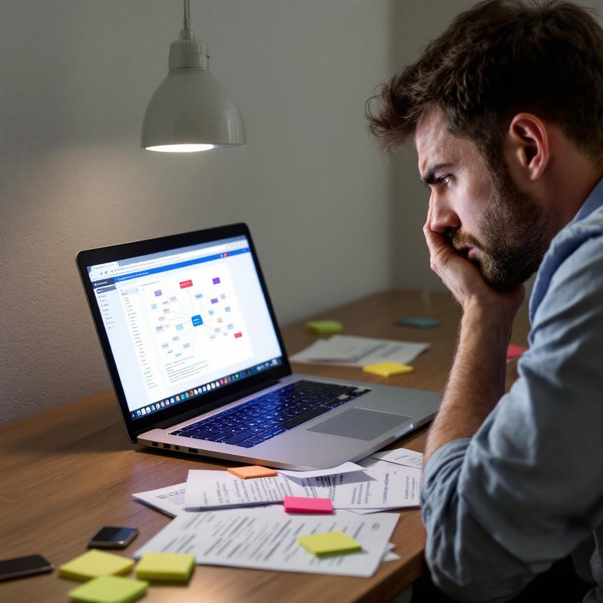 A student expressing frustration while using MindMeister on a laptop surrounded by sticky notes and printed PDF documents, highlighting the challenges of PDF integration.