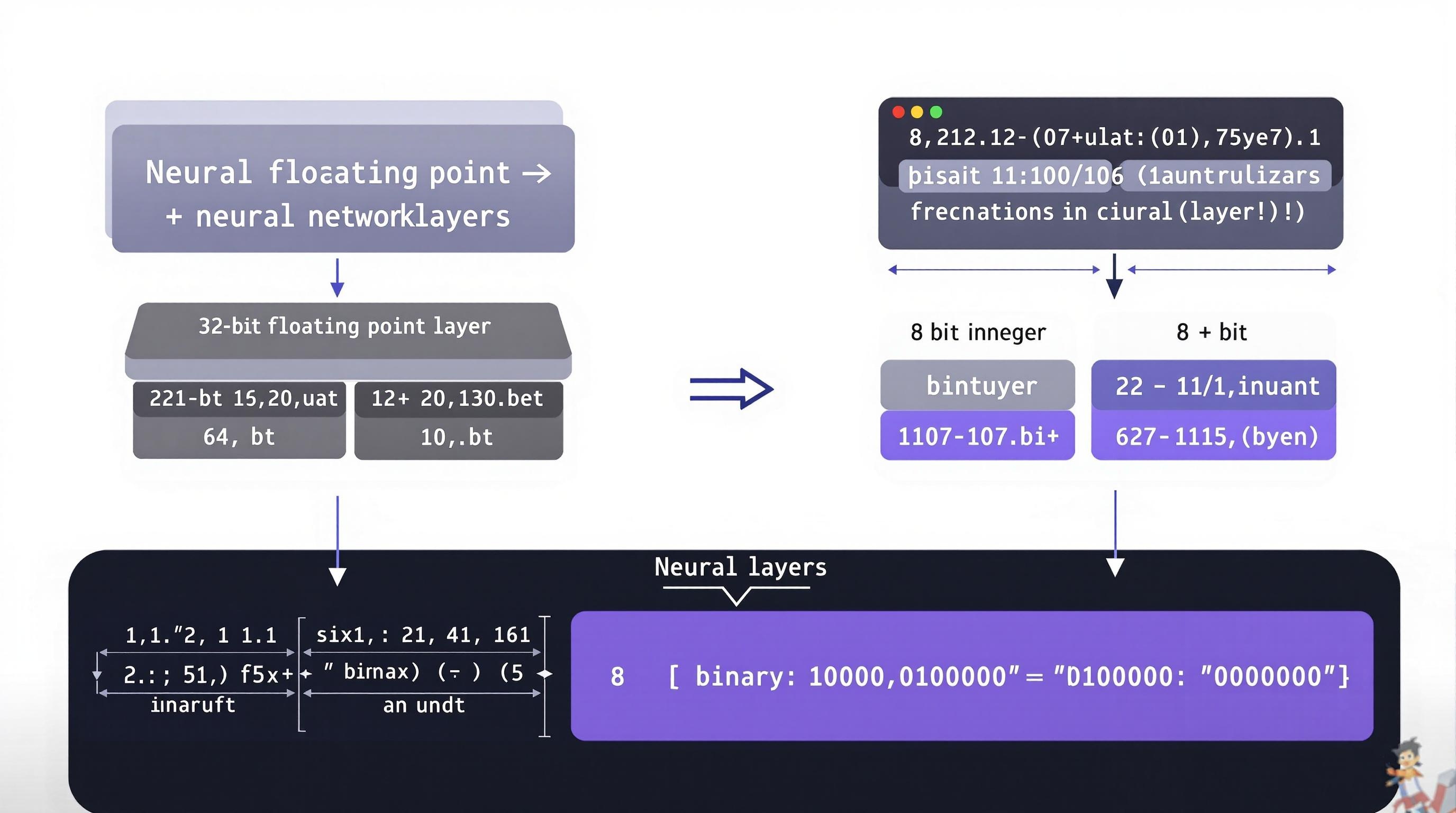 Detailed illustration of neural network layers being quantized into lower bit precision, showing floating-point to integer conversion, visual comparison of 32-bit, 8-bit, and binary representations, modern and clean style, technology-inspired, 16:9 aspect ratio
