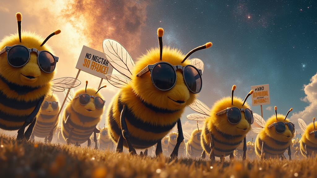 A colorful protest led by giant bees wearing sunglasses and carrying banners with slogans like 'No Nectar, No Peace!' floating against a backdrop of a shimmering galaxy.