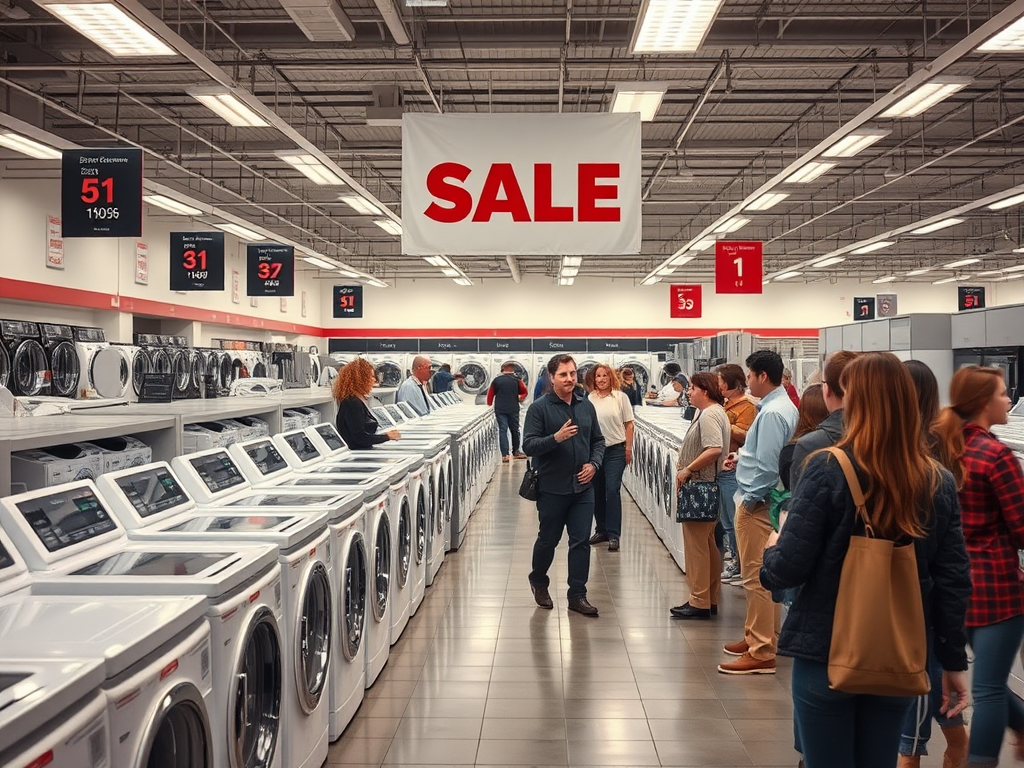Create a realistic image of a well-lit, modern appliance store interior with rows of Speed Queen washing machines on display, price tags prominently visible, and a diverse group of customers examining the appliances. Include a large "SALE" banner hanging from the ceiling and a store employee gesturing towards a particularly good deal on a washer.