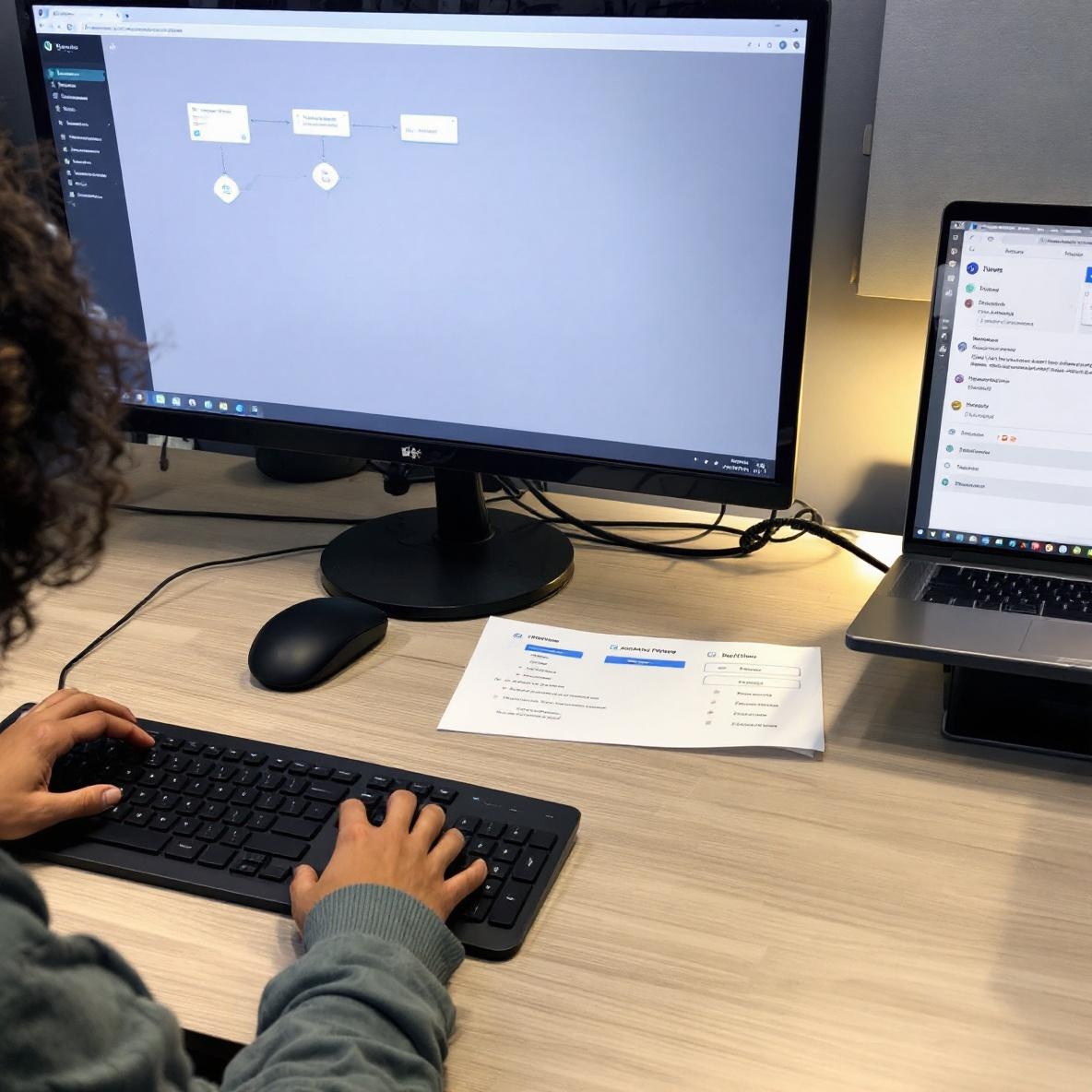 A person at a clutter-free desk, working on a computer displaying a flowchart of single-purpose automation chains. A second screen shows a project management tool, emphasizing clarity and organization in automations.