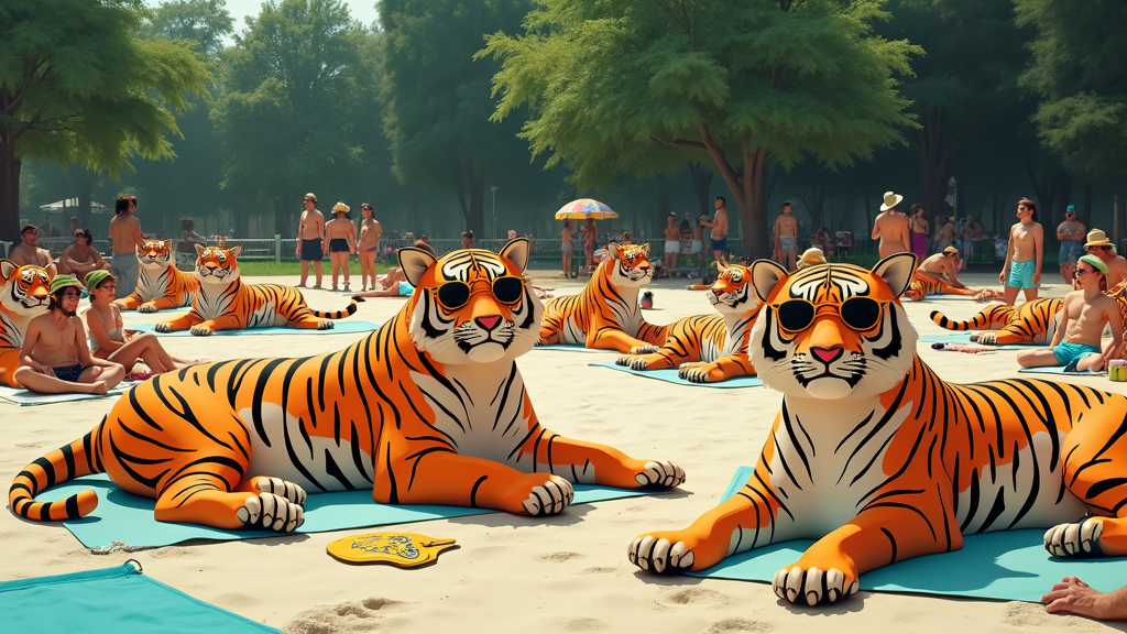 A vibrant park scene filled with oversized, colorful paper tigers lounging on beach towels next to confused sunbathers. The tigers sport sunglasses and bright hats, while humans try to share the space without sitting on them.