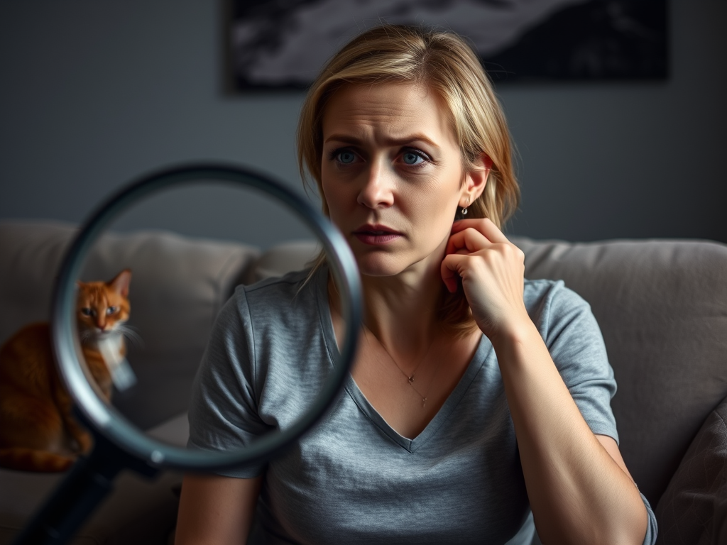 Create a realistic image of a white female in her 30s looking confused and scratching her neck while sitting on a couch, with a ginger cat visible in the background. The room is dimly lit, creating a moody atmosphere. A magnifying glass hovers symbolically in the foreground, emphasizing the hidden nature of the symptoms.