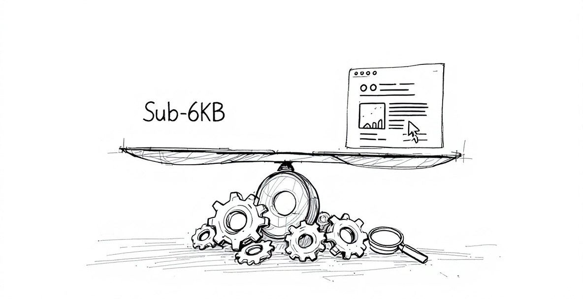 Minimalistic sketch of a balance scale with 'Sub-6KB' and web page icon, gears and magnifying glass below.