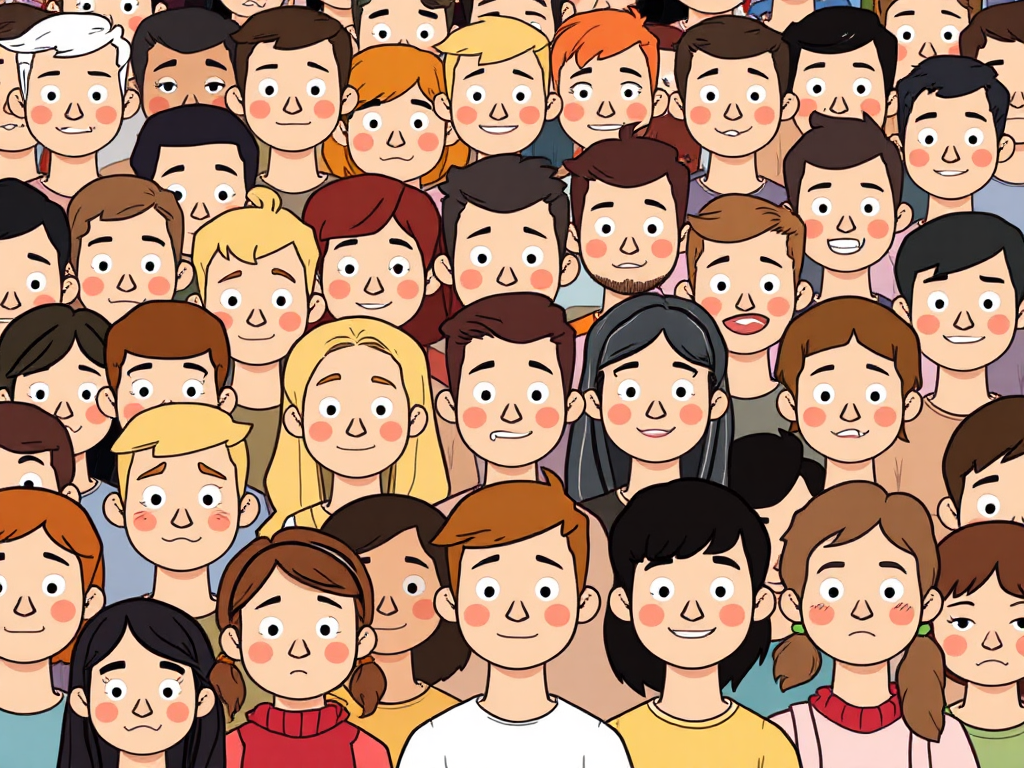crowd of many different cartoon people of different expressions without facial features