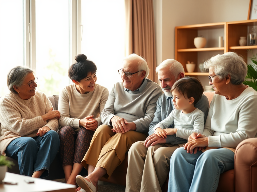 Family group support, sitting together 