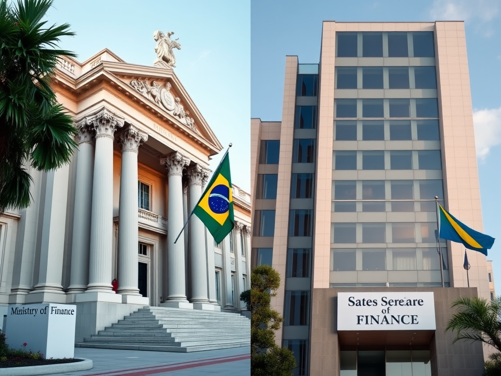 Create a realistic image of a split-screen comparison between two government buildings: on the left, a grand, neoclassical structure representing the Ministry of Finance with a Brazilian flag, and on the right, a modern office building representing the State Secretary of Finance with a state flag. Both buildings have signs in Portuguese indicating their respective names. The scene is set during daytime with clear skies, emphasizing the contrast between federal and state-level fiscal institutions.