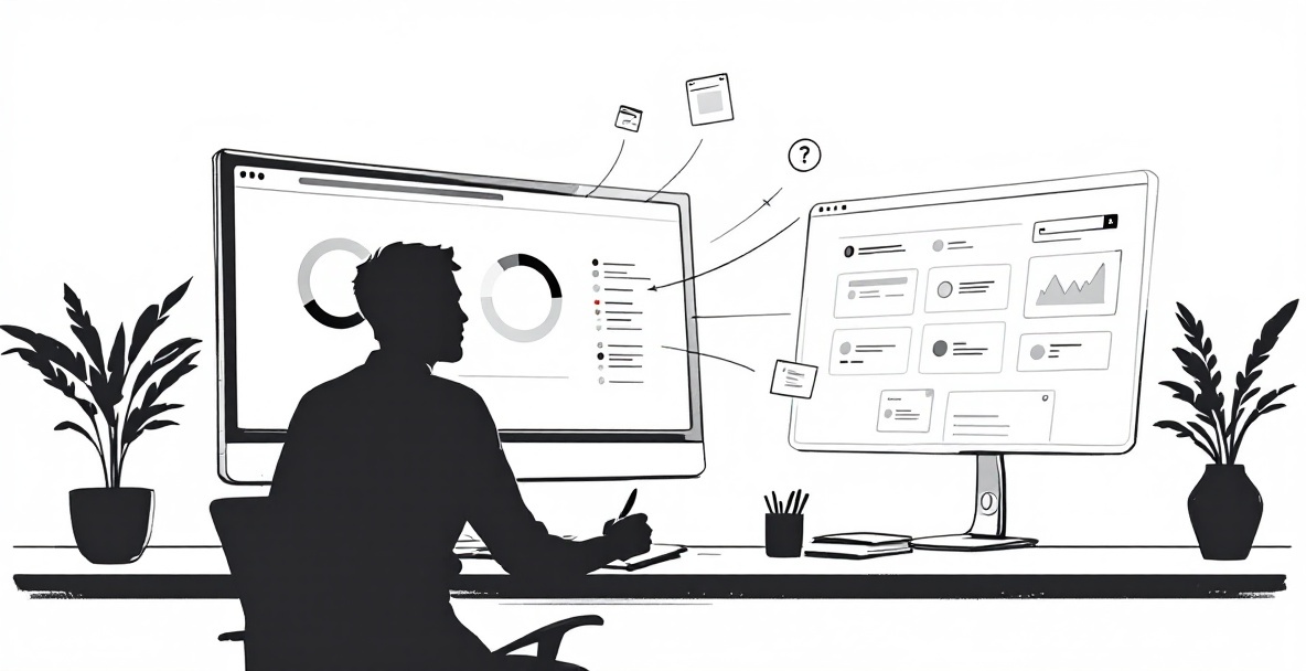Sketch of a digital workspace with A/B testing, marketer, and customizable webpage in grayscale.