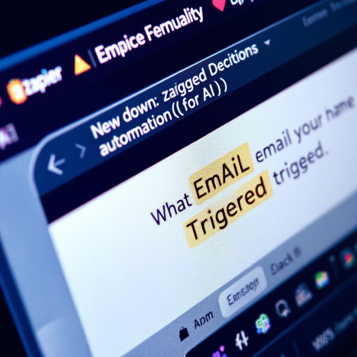 A detailed view of a computer screen displaying an email being sent automatically, with visible icons representing AI decision-making tools like Zapier and Slack, highlighting the process of automating email communication.