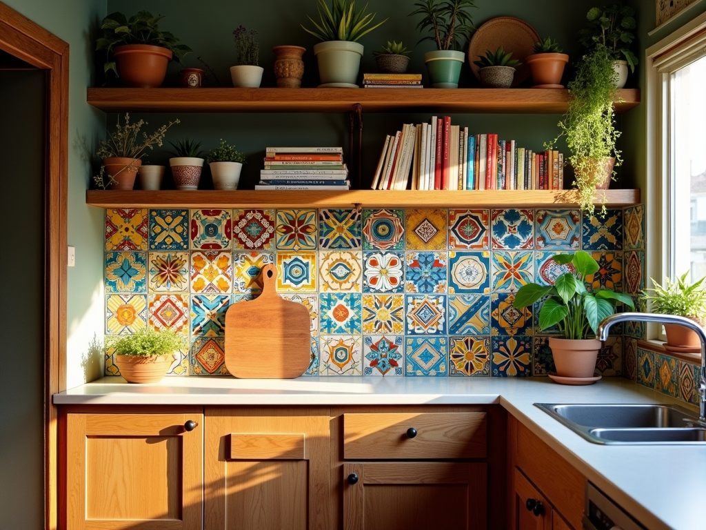 Charming Bohemian Kitchen with Colorful Tile Backsplash