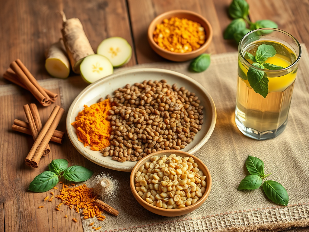 Create a realistic image of a wooden table with traditional Ayurvedic ingredients and foods known to stabilize blood sugar, including cinnamon sticks, fenugreek seeds, bitter gourd slices, turmeric root, and a plate of mixed lentils, alongside a glass of water infused with holy basil leaves, all arranged on a rustic Indian-style tablecloth with warm, soft lighting highlighting the natural textures and colors of the ingredients.