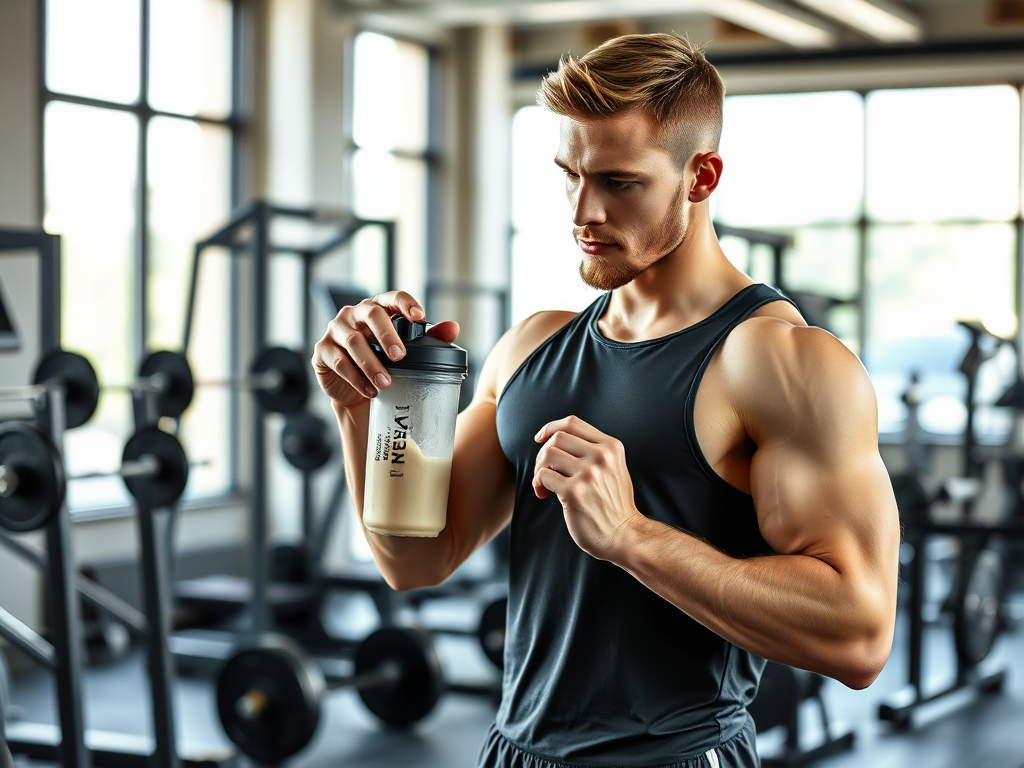 Create a realistic image of a white male athlete in his late 20s mixing whey protein powder in a shaker bottle in a modern gym setting, with weight lifting equipment visible in the background. The man is wearing workout attire and has a muscular physique. Natural lighting from large windows illuminates the scene, creating a bright and energetic atmosphere.