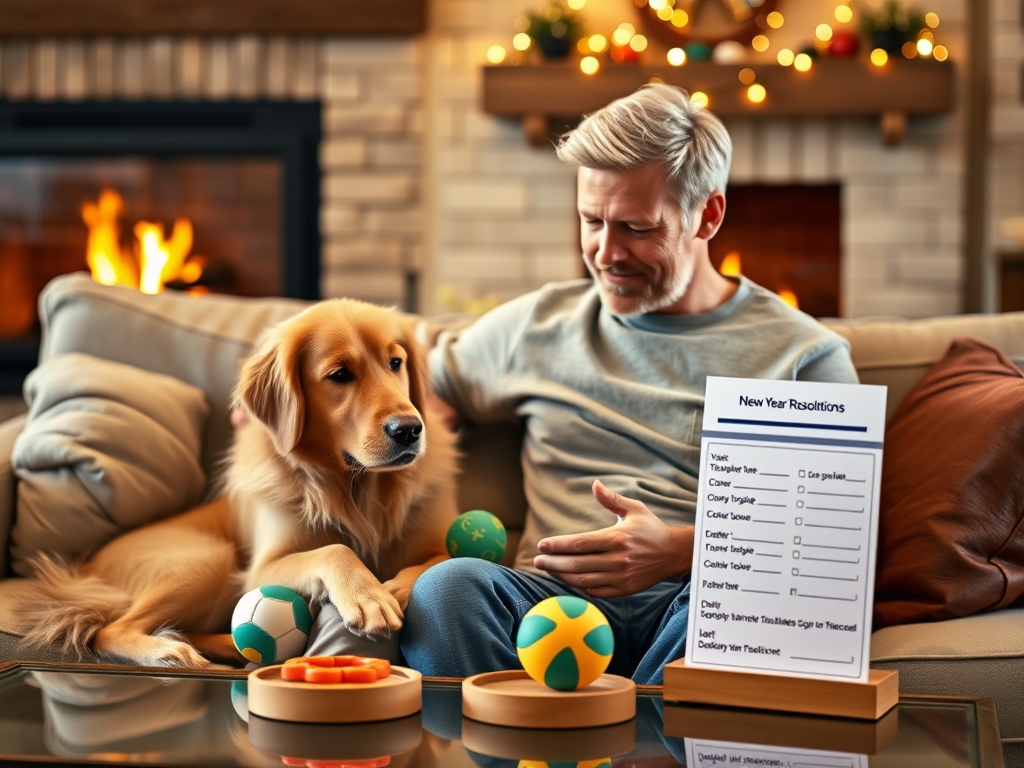 Create a realistic image of a white male adult and a golden retriever sitting together on a cozy couch, playing with interactive dog toys. The room has warm lighting, with a fireplace visible in the background. A "New Year's Resolutions" list for pets is visible on a nearby coffee table.