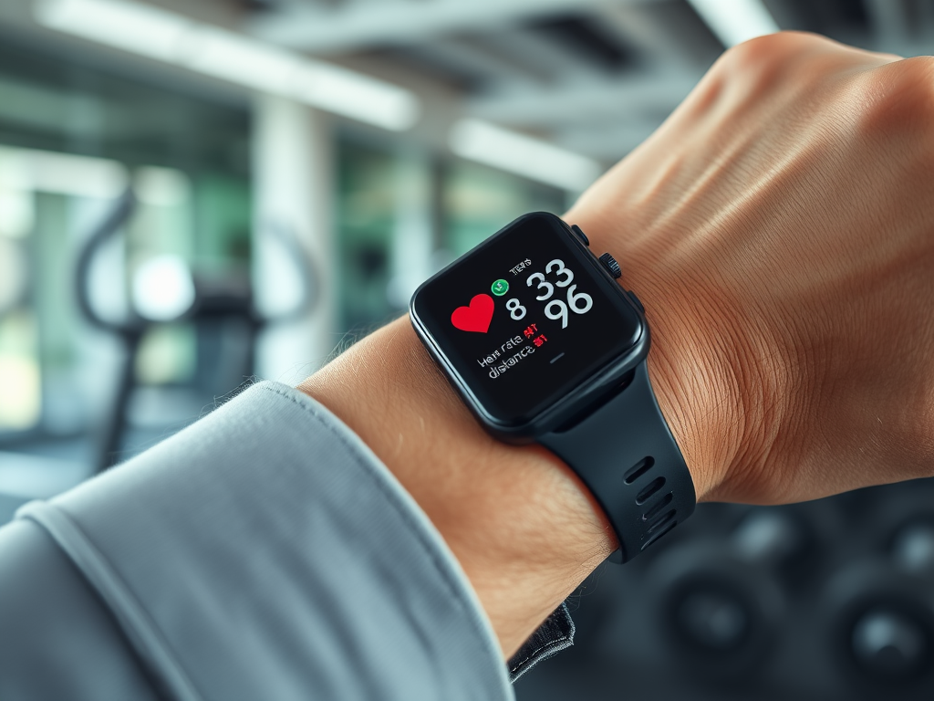 Create a realistic image of a close-up view of a fitness tracker on a wrist, showing its display with heart rate, steps, and distance data. The background subtly features exercise equipment in a gym setting. The lighting is bright and clear, emphasizing the accuracy of the tracker's screen.