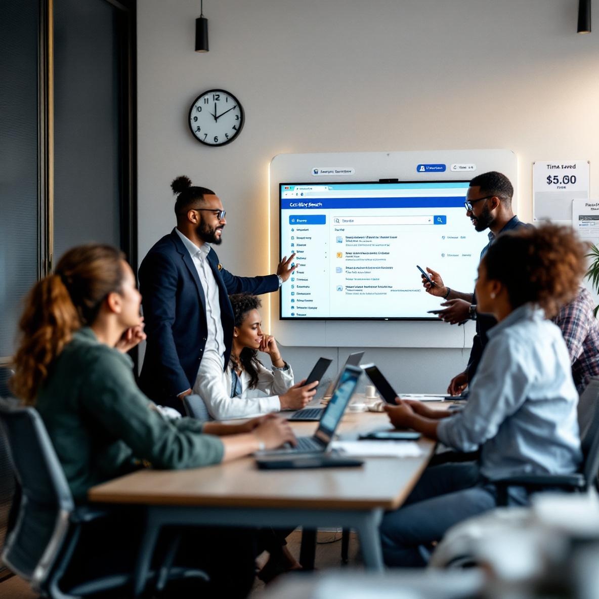 A collaborative office scene where a diverse team is engaged in a discussion around a large screen that displays a centralized search tool, symbolizing the time-saving benefits it brings to their workflow.