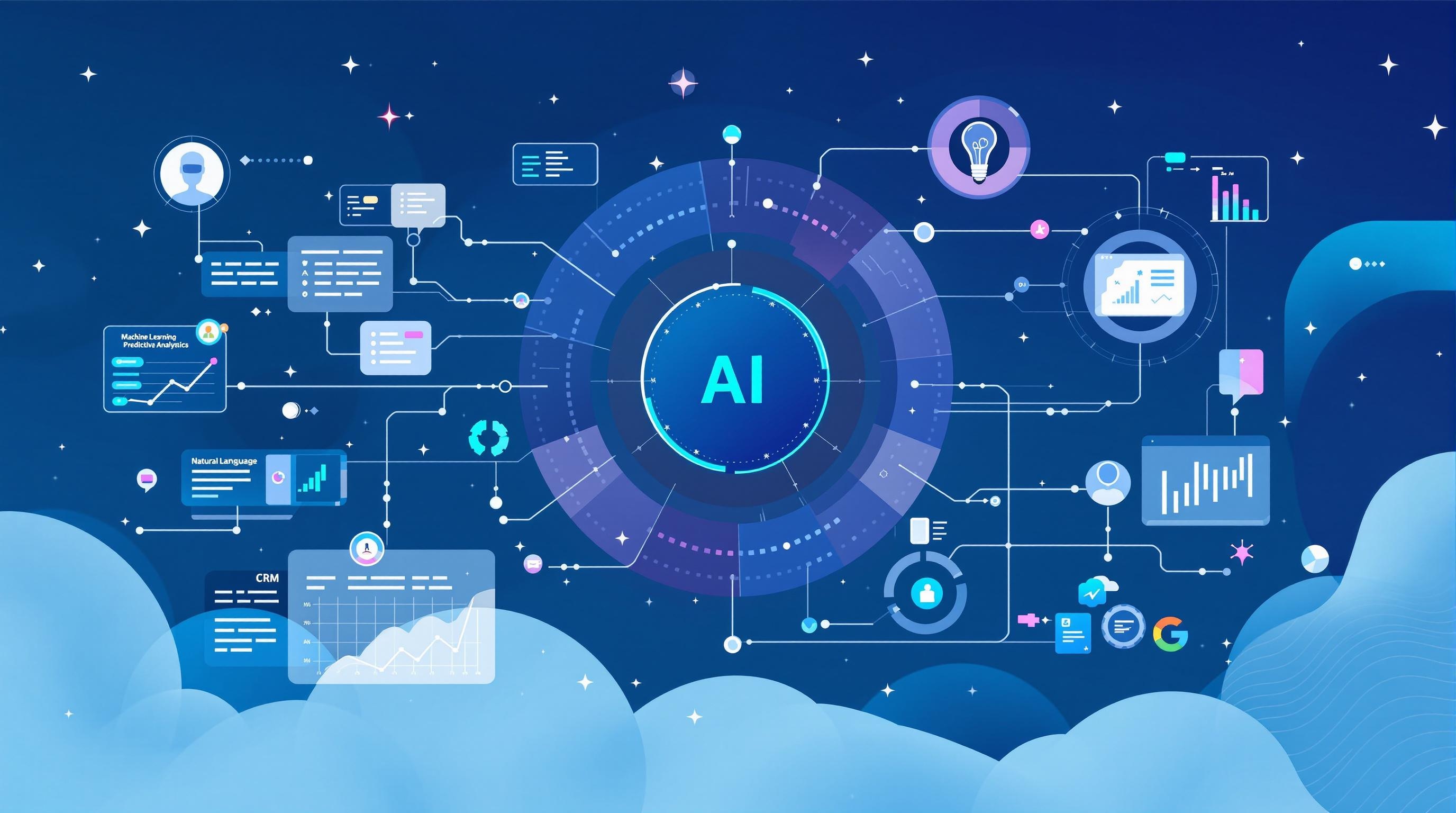 Dynamic scene depicting diverse business professionals analyzing customer data and insights on a large digital screen, showcasing AI-driven CRM results in retail, finance, and B2B settings, collaborative and innovative atmosphere, high-tech office style, no text, 16:9 aspect ratio
