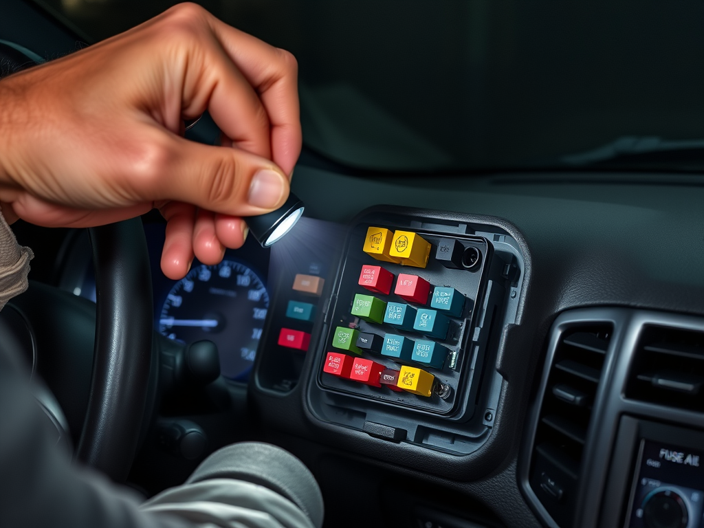 Create a realistic image of a person's hands removing a fuse from a car's fuse box, with the dashboard of a Jeep Grand Cherokee visible in the background. The fuse box is open, revealing multiple fuses and relays. A small flashlight is held in one hand, illuminating the fuse box. The interior of the car is dimly lit, suggesting the process is taking place in low light conditions.