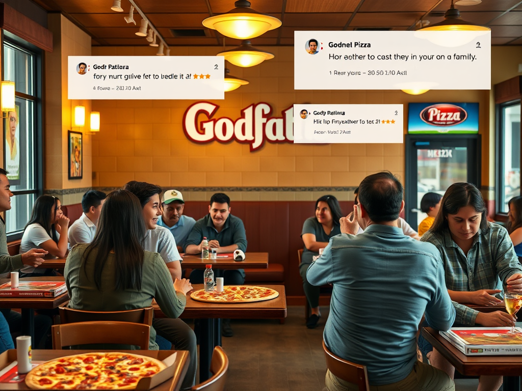 Create a realistic image of a diverse group of customers sitting at tables in a Godfather's Pizza restaurant in West Point, GA, with rating stars and review snippets floating above their heads, warm lighting, pizza boxes and slices on tables, and a cozy family-friendly atmosphere.