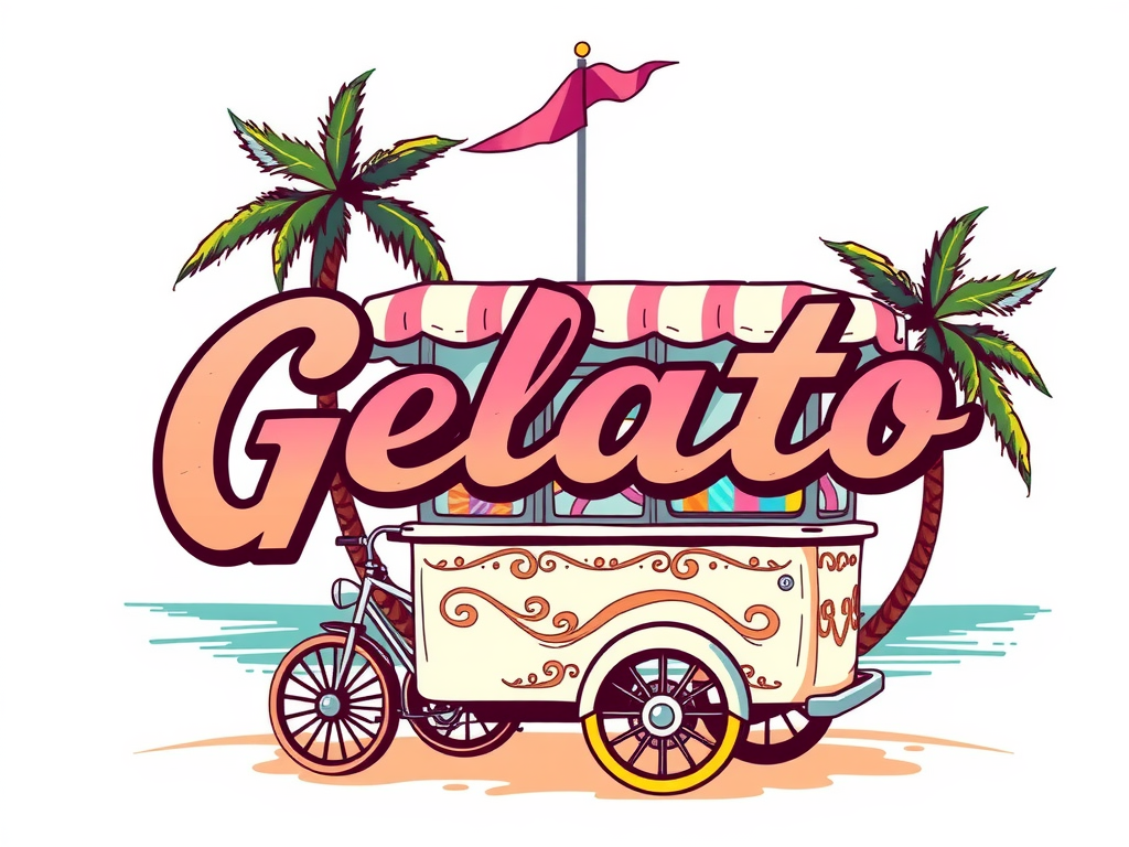 A vibrant custom illustration, retro-style, featuring a vintage ice cream cart, by the beach, with palm trees. The text 'Gelato' is displayed in a retro, distressed style, with each letter in a different color, exuding a sense of nostalgia. The design is perfect for a t-shirt print, with an isolated white background.