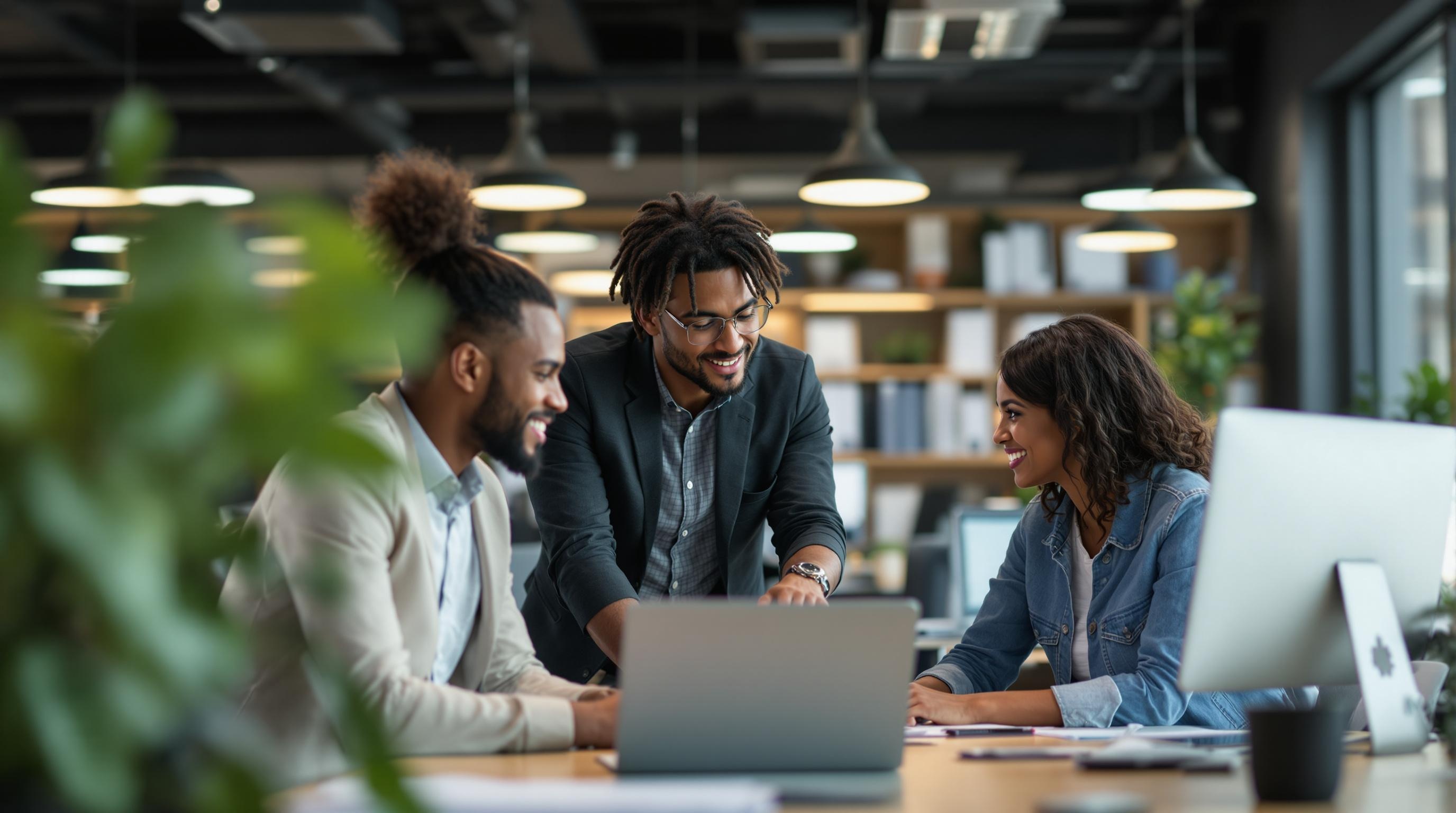 Product Development Director Leading Team Meeting A candid photo of a product development director discussing a project with a diverse team in a modern office setting.