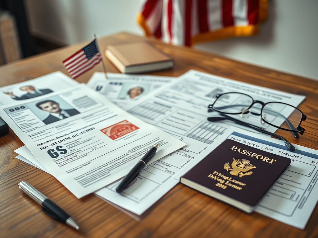 Create a realistic image of a wooden desk with scattered official documents, including a foreign driving license, passport, and application forms for a US driver's license. A pen, reading glasses, and a small American flag are placed nearby. The background shows a blurred US flag hanging on the wall.