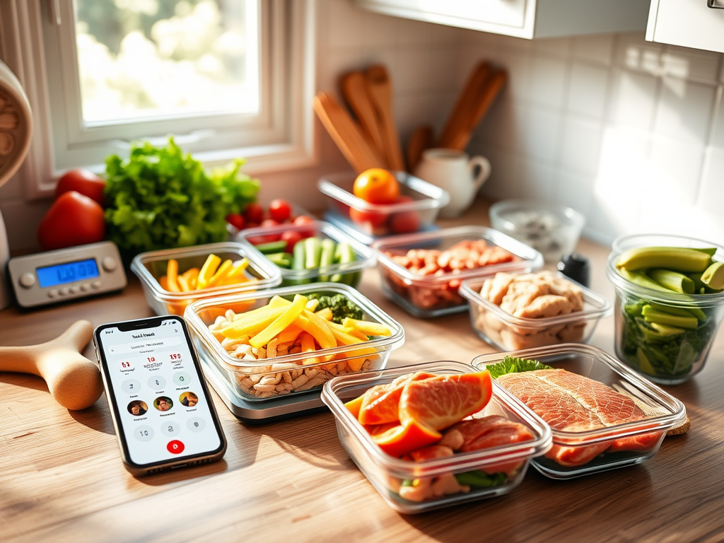 Create a realistic image of a kitchen countertop with healthy low-carb ingredients and meal prep containers, featuring fresh vegetables, lean proteins, and a digital food scale, alongside a smartphone displaying a calorie counting app, all bathed in bright natural light coming from a nearby window, conveying a sense of organization and commitment to a new diet regimen.