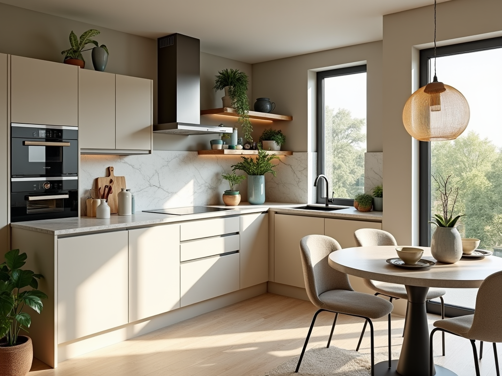 Sunlit Greige Kitchen with Marble Countertops Contemporary Designs