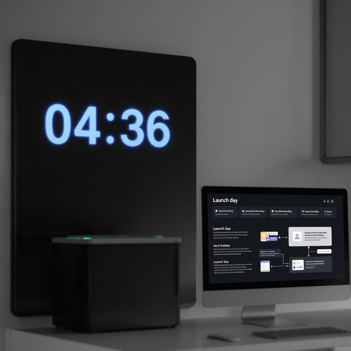 A modern office space with a launch countdown timer and computer screens displaying automated workflows and notifications, capturing the excitement of a product launch day.