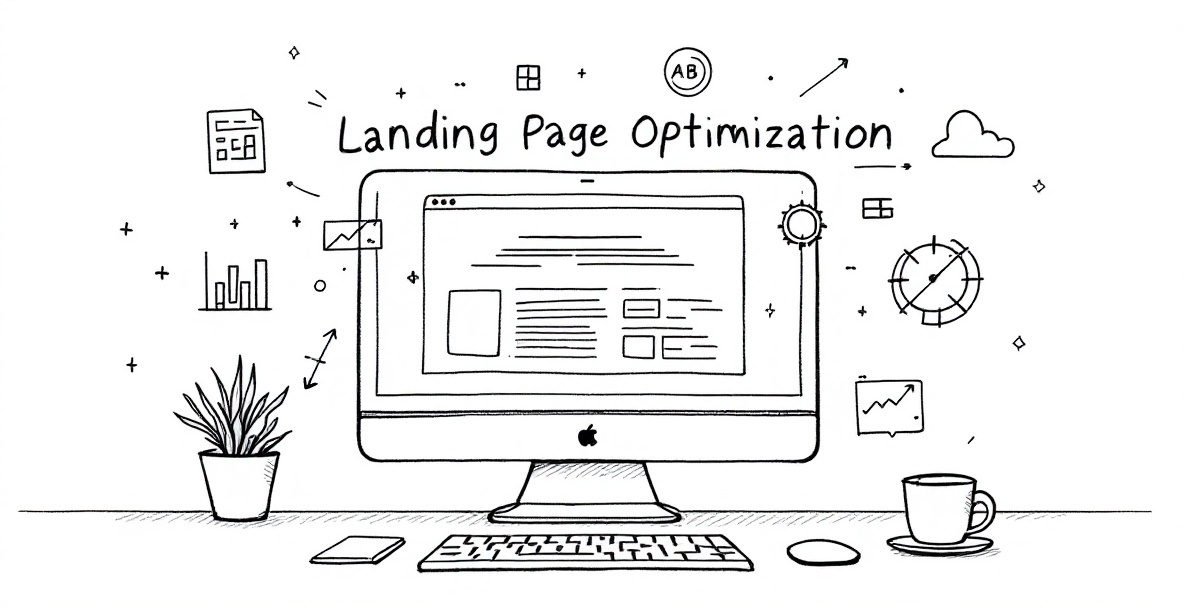 Minimalistic sketch of landing page optimization elements on a computer monitor.