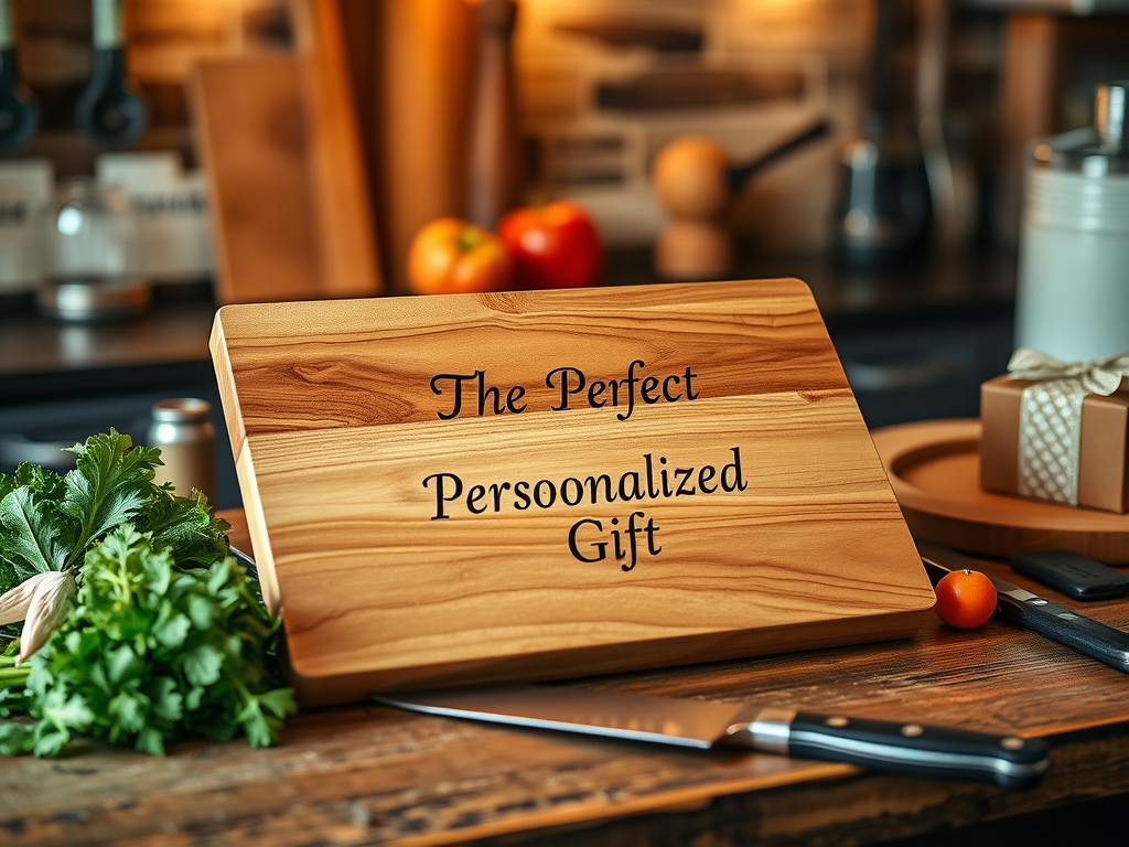 Create a realistic image of a personalized wooden cutting board with elegant engraving, placed on a rustic kitchen counter alongside fresh ingredients, a chef's knife, and a small gift box, with warm lighting creating a cozy atmosphere and the text "The Perfect Personalized Gift" visible in a stylish font on the cutting board.