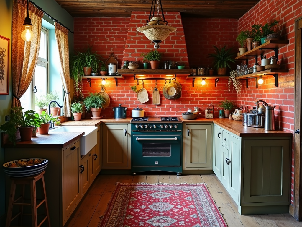 7+ Country Kitchen with Red Brick Accent Wall Ideas