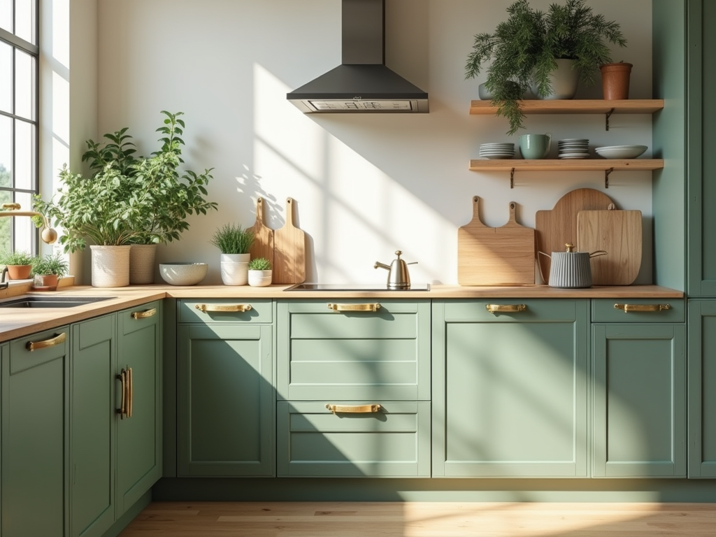 Sage Green Cabinets with Brass Hardware: A Touch of Japanese Elegance