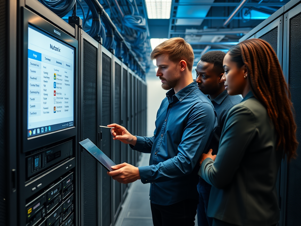 Create a realistic image of a modern data center with rows of Nutanix servers, a large touchscreen display showing storage management interface, and a diverse team of IT professionals (one white male, one black female) collaboratively working on deployment tasks, with cable management systems visible and soft blue lighting to emphasize the high-tech environment.