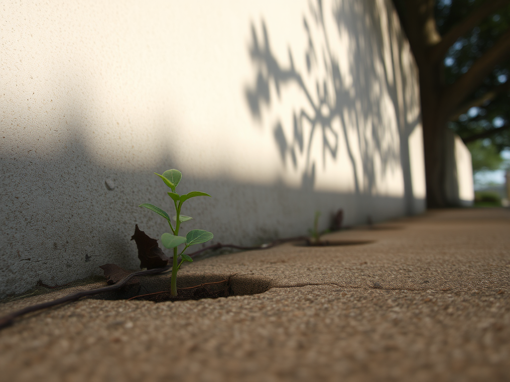 A seedling growing from a crack in the concrete with the shadow of a large tree on the wall