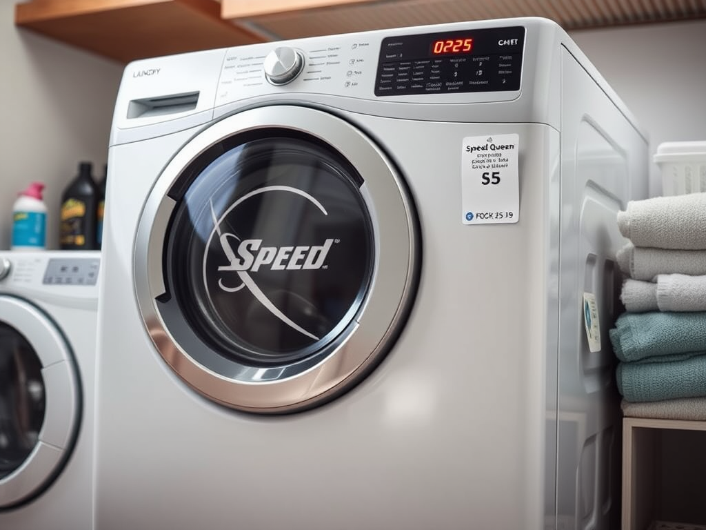 Create a realistic image of a modern Speed Queen washing machine in a laundry room setting, with its distinctive logo visible on the front. The machine's control panel should be clearly visible, showcasing its user-friendly interface. A price tag or label should be visible near the machine, hinting at the cost aspect. The background should include other laundry room elements like detergent bottles and folded towels to provide context.