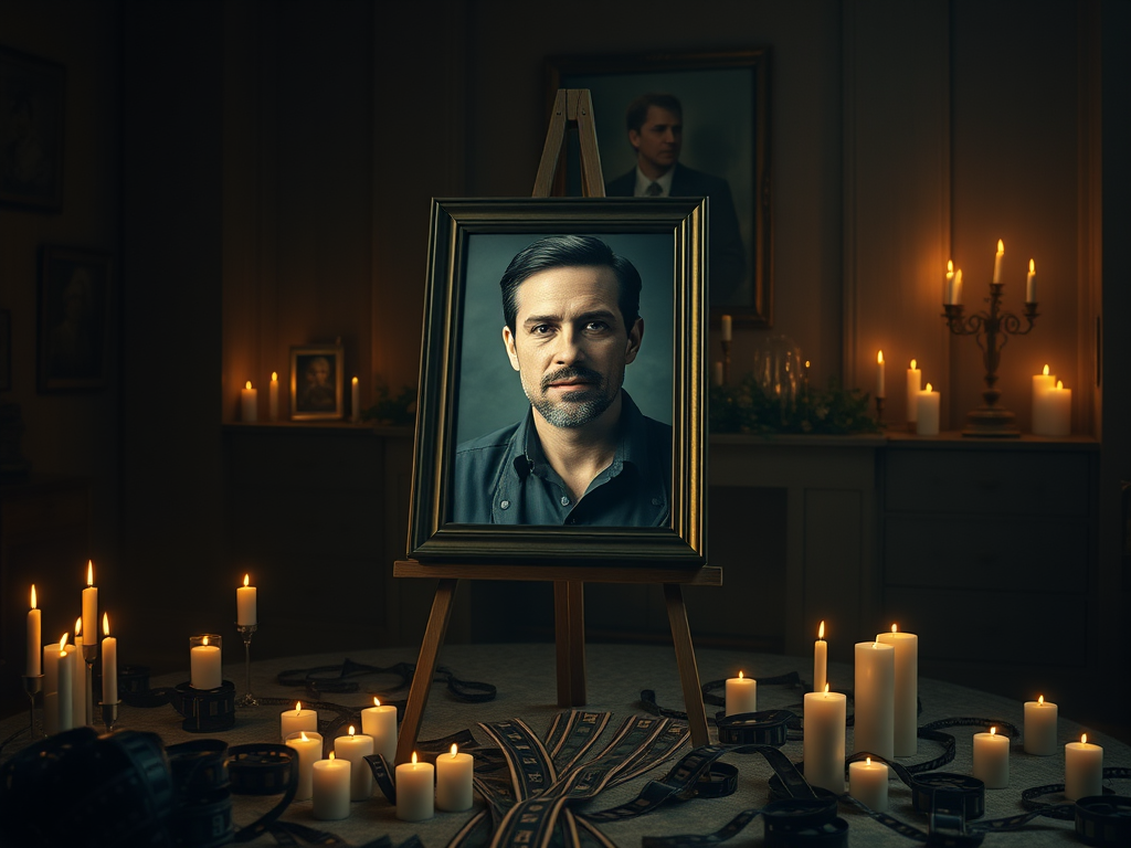Create a realistic image of a memorial portrait of Jeff Baena, a white male filmmaker, displayed on an easel in a dimly lit room, surrounded by flickering candles and scattered film reels, with soft, warm lighting creating a somber yet respectful atmosphere.