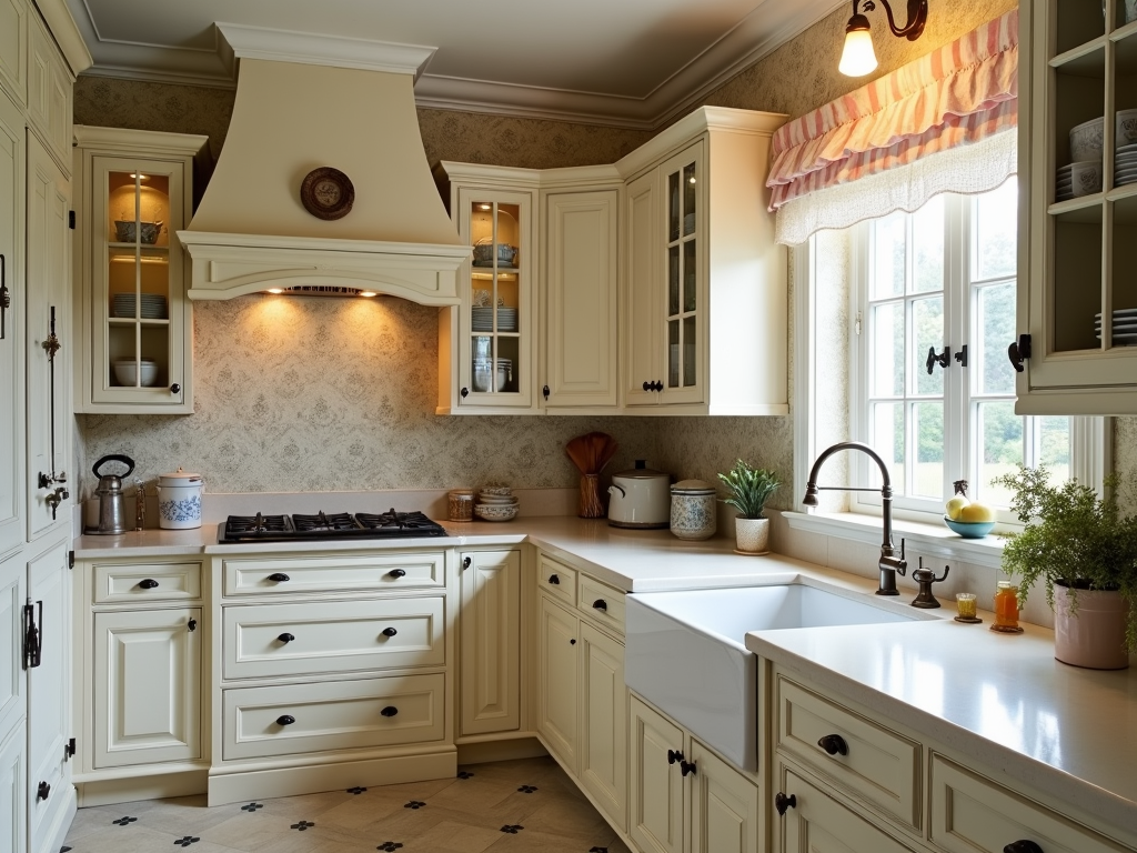 Charming French Provincial Kitchen with Toile Wallpaper