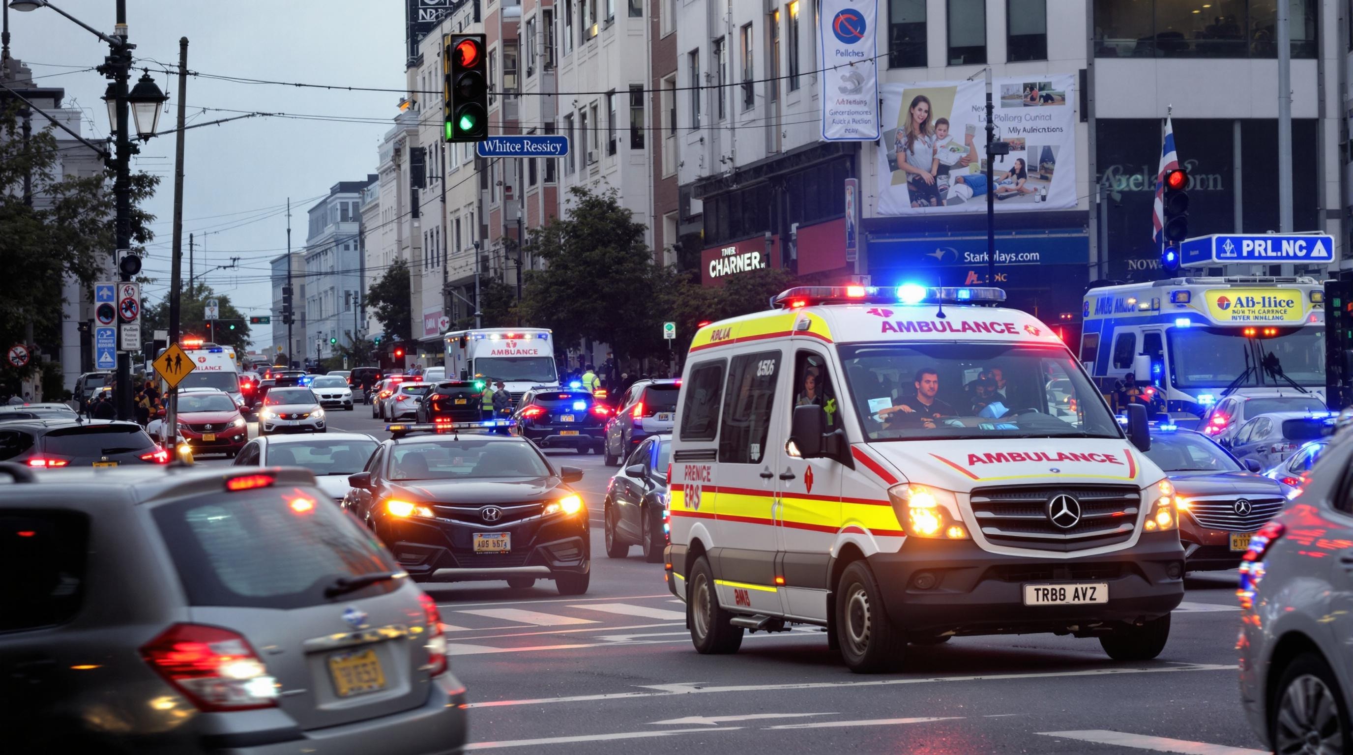 Ambulance Rushing Through Traffic An ambulance with flashing lights and sirens navigating through congested traffic on a busy street.