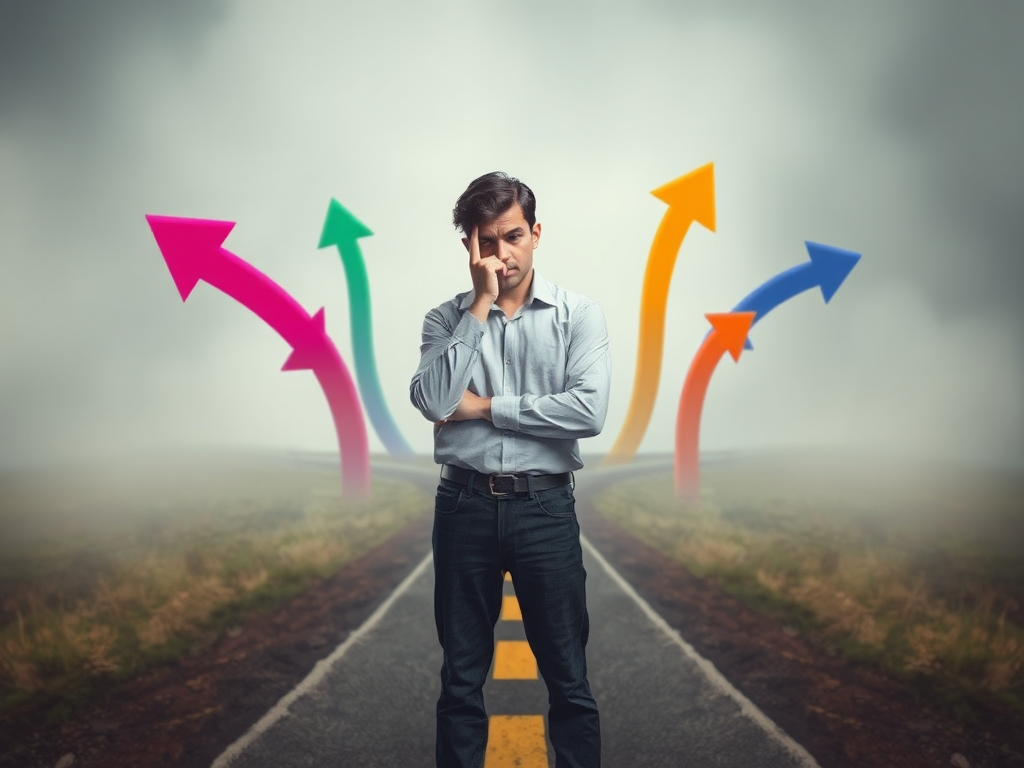 Someone standing with their hand on their head, looking at arrows pointing in different directions ahead of them all branching from one pathway