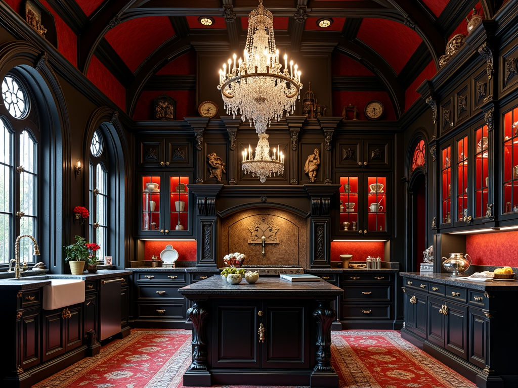 Sophisticated Gothic Elegance: Kitchen with Crystal Chandelier