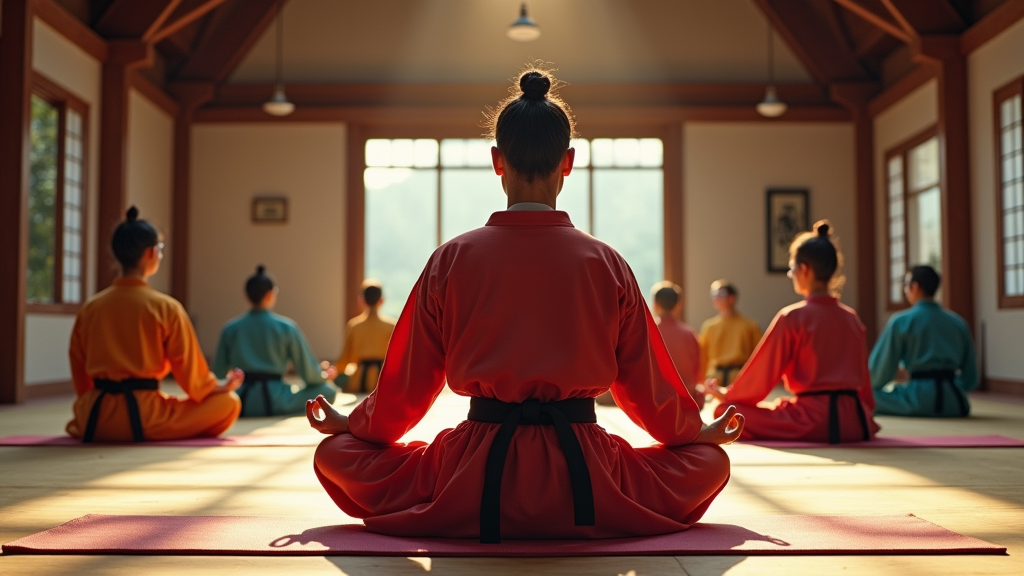 A serene dojo filled with calm practitioners, meditating in dramatic poses while dressed in colorful martial arts uniforms.